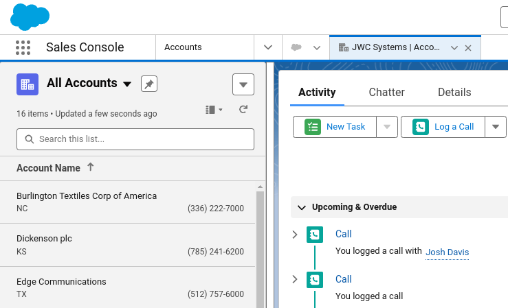 Salesforce Sales Console with logged activity Salesforce Sales Console with logged activity